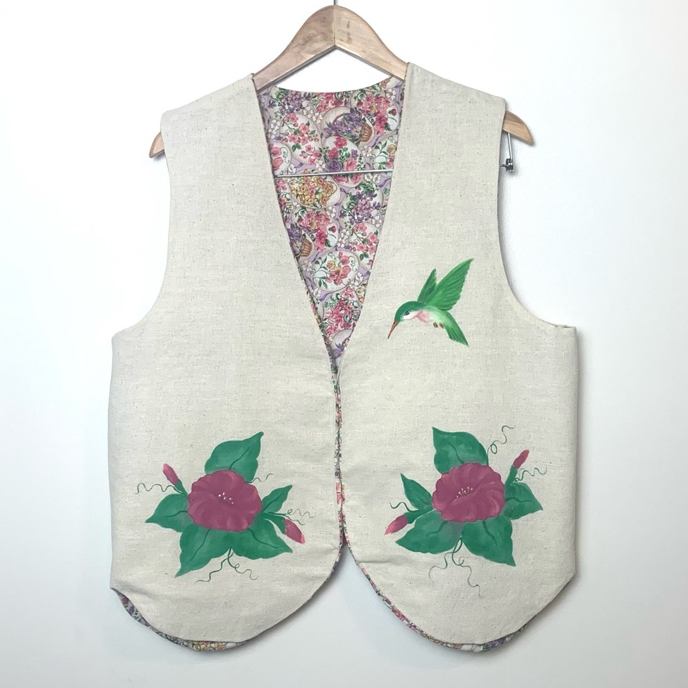 Vintage 90’s Hand Painted Hummingbird Floral Cottagecore Vest